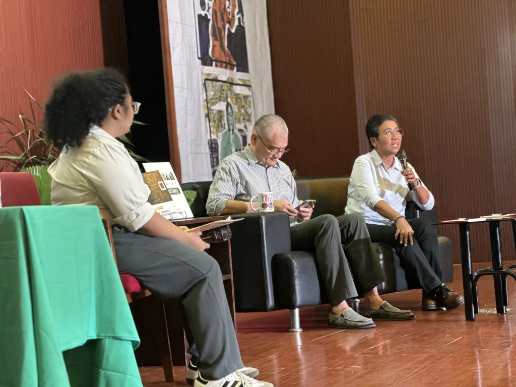 IBON Research Head Rosario Bella Guzman (right) with IBON Executive Director Sonny Africa (middle).